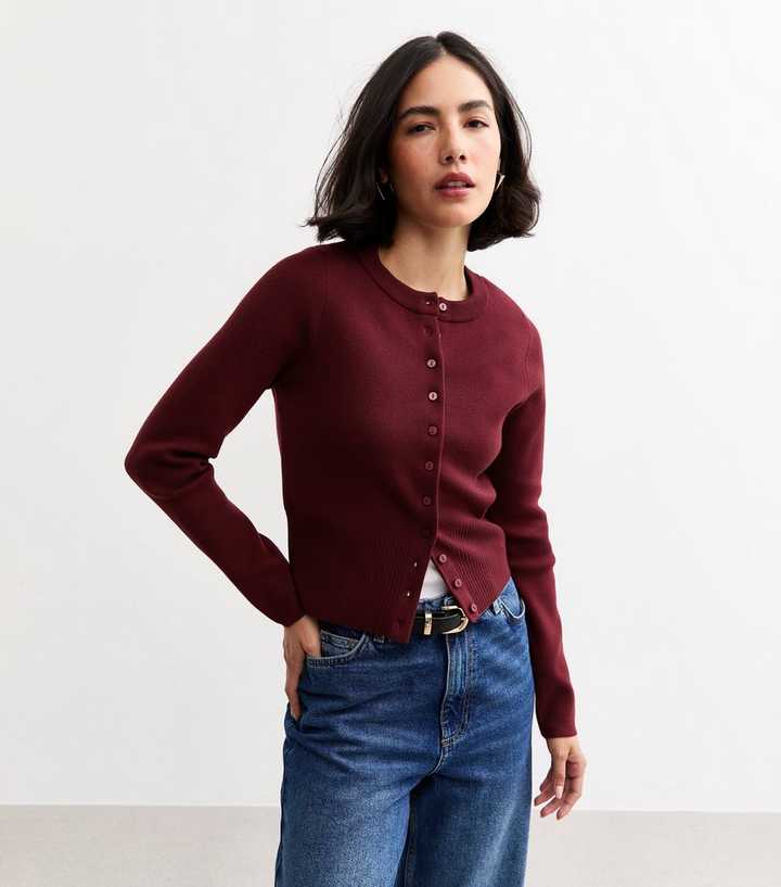 Burgundy Compact Knit Crew Neck Cardigan
