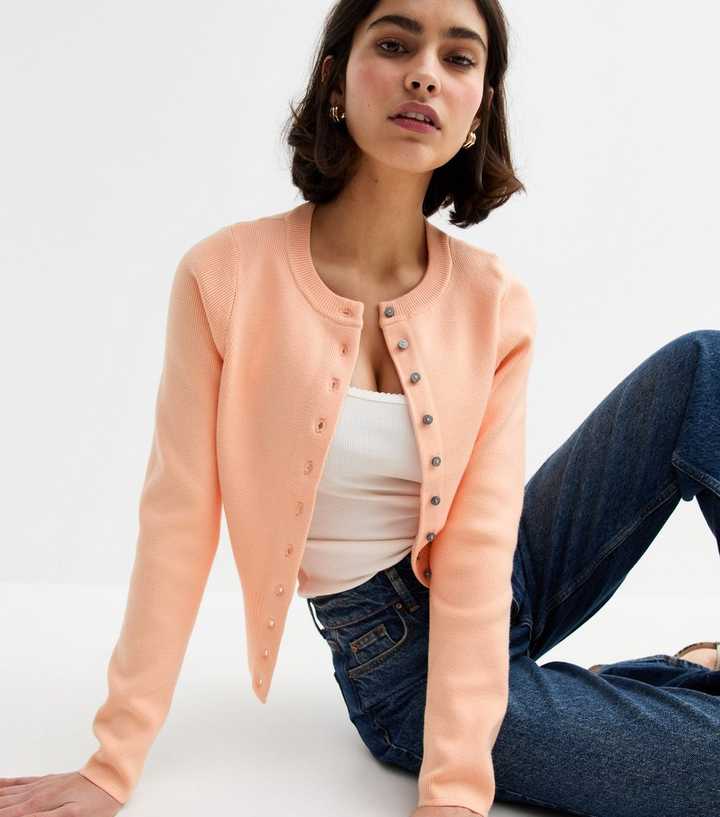 Coral Compact Knit Crew Neck Cardigan