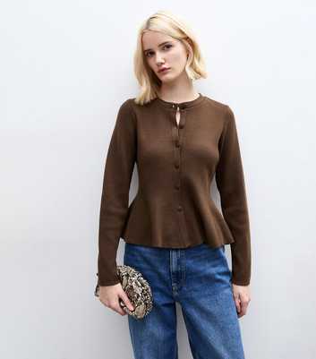 Dark Brown Crew Neck Peplum Cardigan