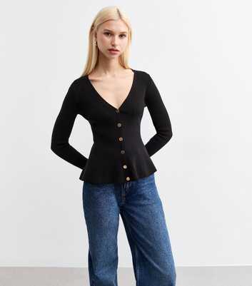 Black Ribbed Peplum Hem Cardigan