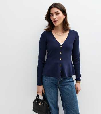 Navy Ribbed Peplum Hem Cardigan