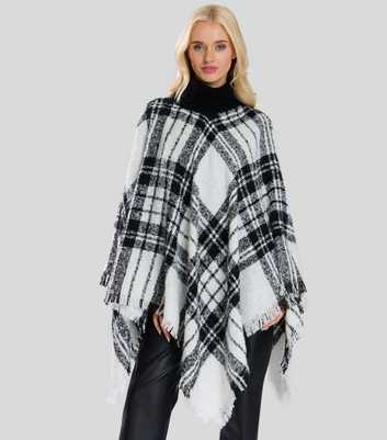 South Beach White Funnel Neck Checked Bouclé Poncho 