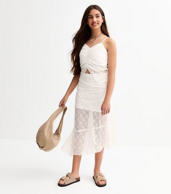 Girls White Lace Asymmetric Hem Midi Skirt New Look