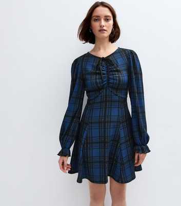 Blue Crinkled Jersey Checked Mini Skater Dress