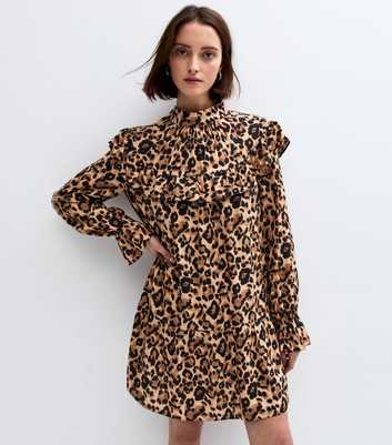 Brown Leopard Print Frill Collar Mini Dress