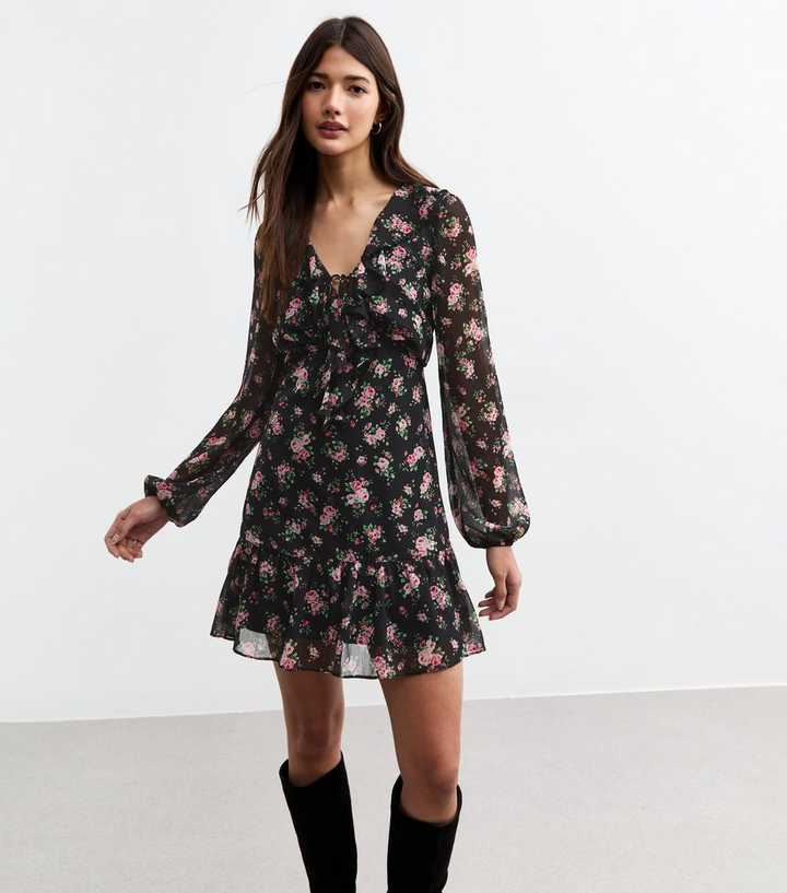 Black Floral Chiffon Long Sleeve Mini Dress New Look