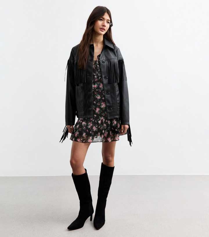 Black Floral Chiffon Long Sleeve Mini Dress