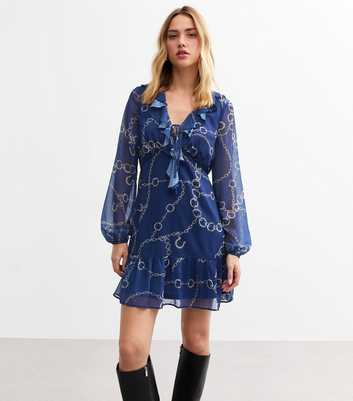 Blue Chiffon Chain Print Mini Dress