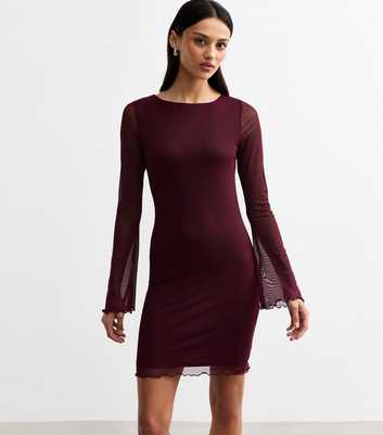 Burgundy Bell Sleeve Mesh Mini Dress