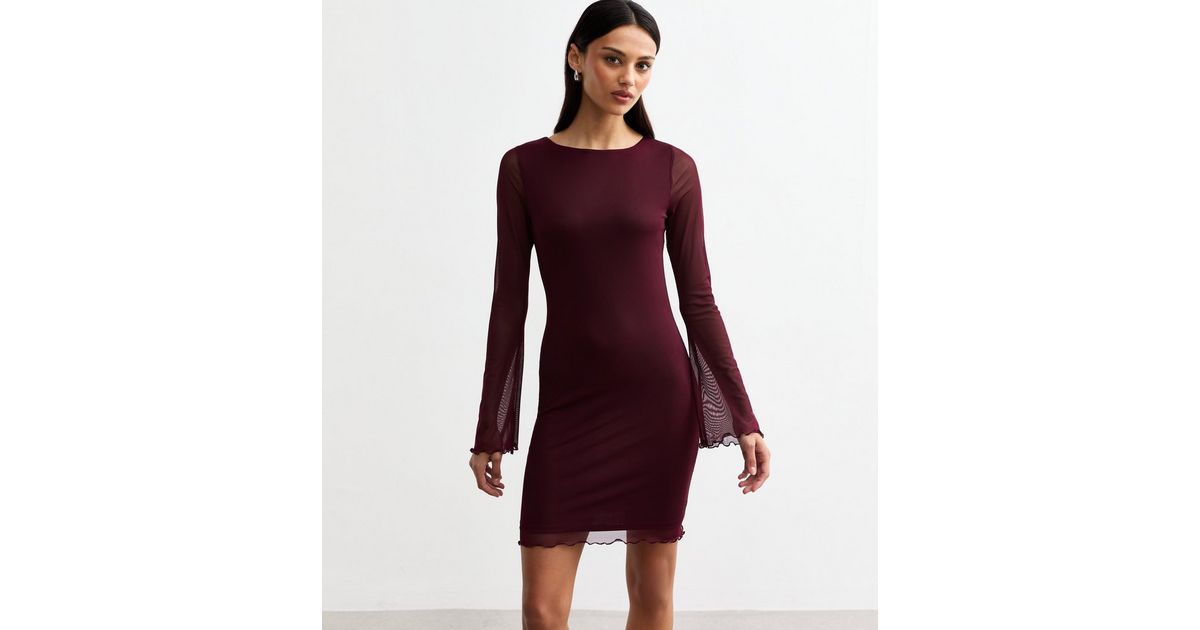 Mirna | Burgundy Crew-Neck Mini Dress With Bell Sleeves And Ruffled Detailing