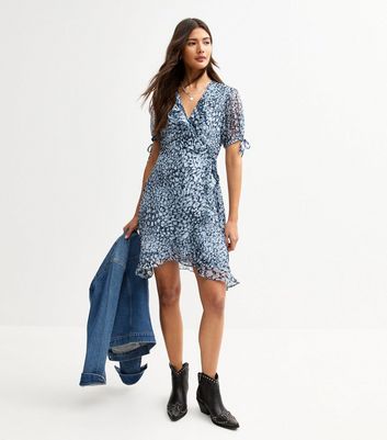 Blue Leopard Print Wrap Mini Dress | New Look