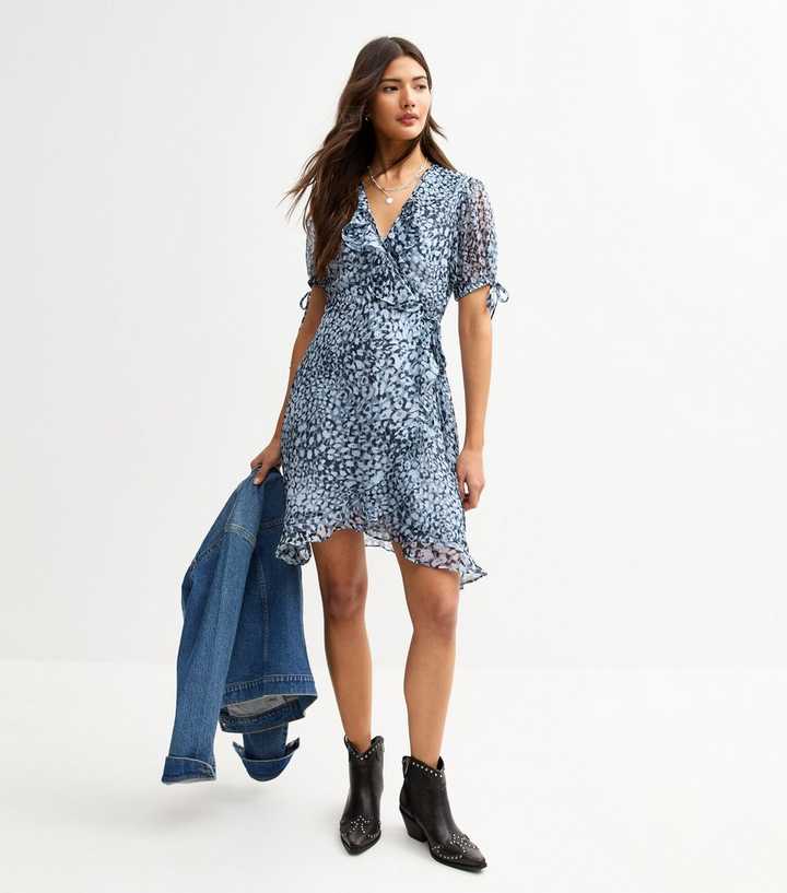 Blue Leopard Print Wrap Mini Dress