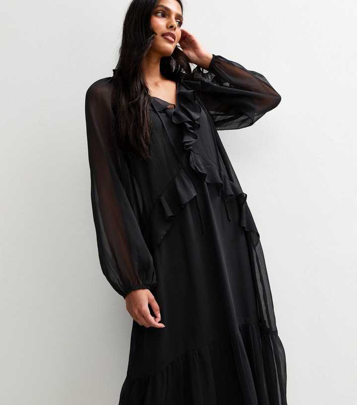 Black Frilly Trim Chiffon Midi Dress
