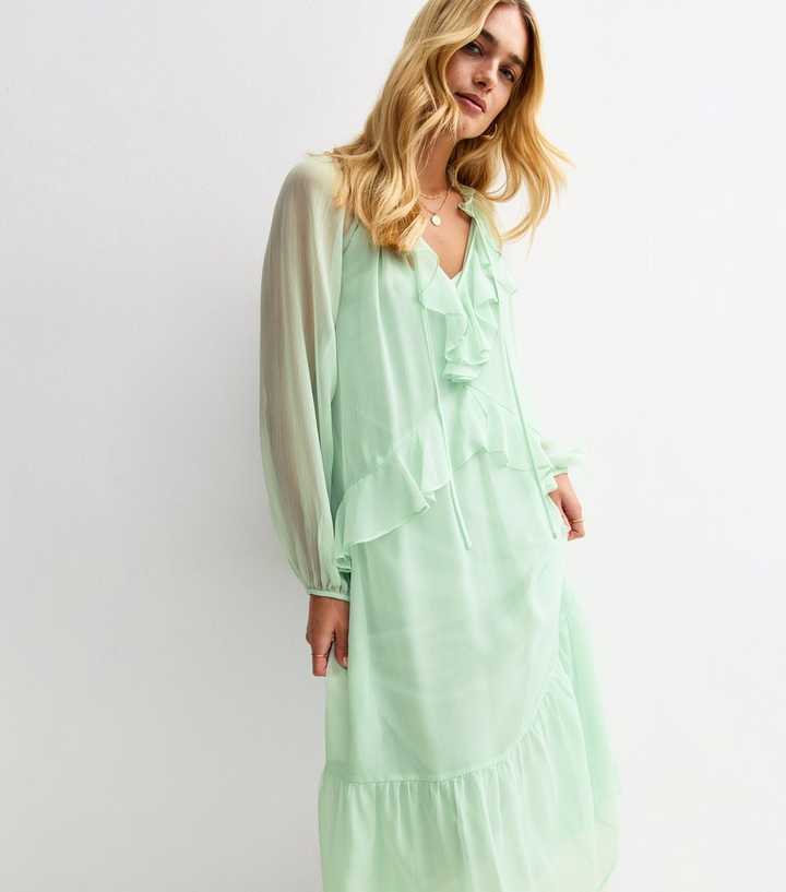 Light Green Frilly Trim Chiffon Midi Dress
