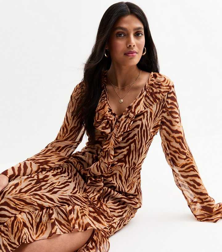 Brown Animal Print Chiffon Midi Dress