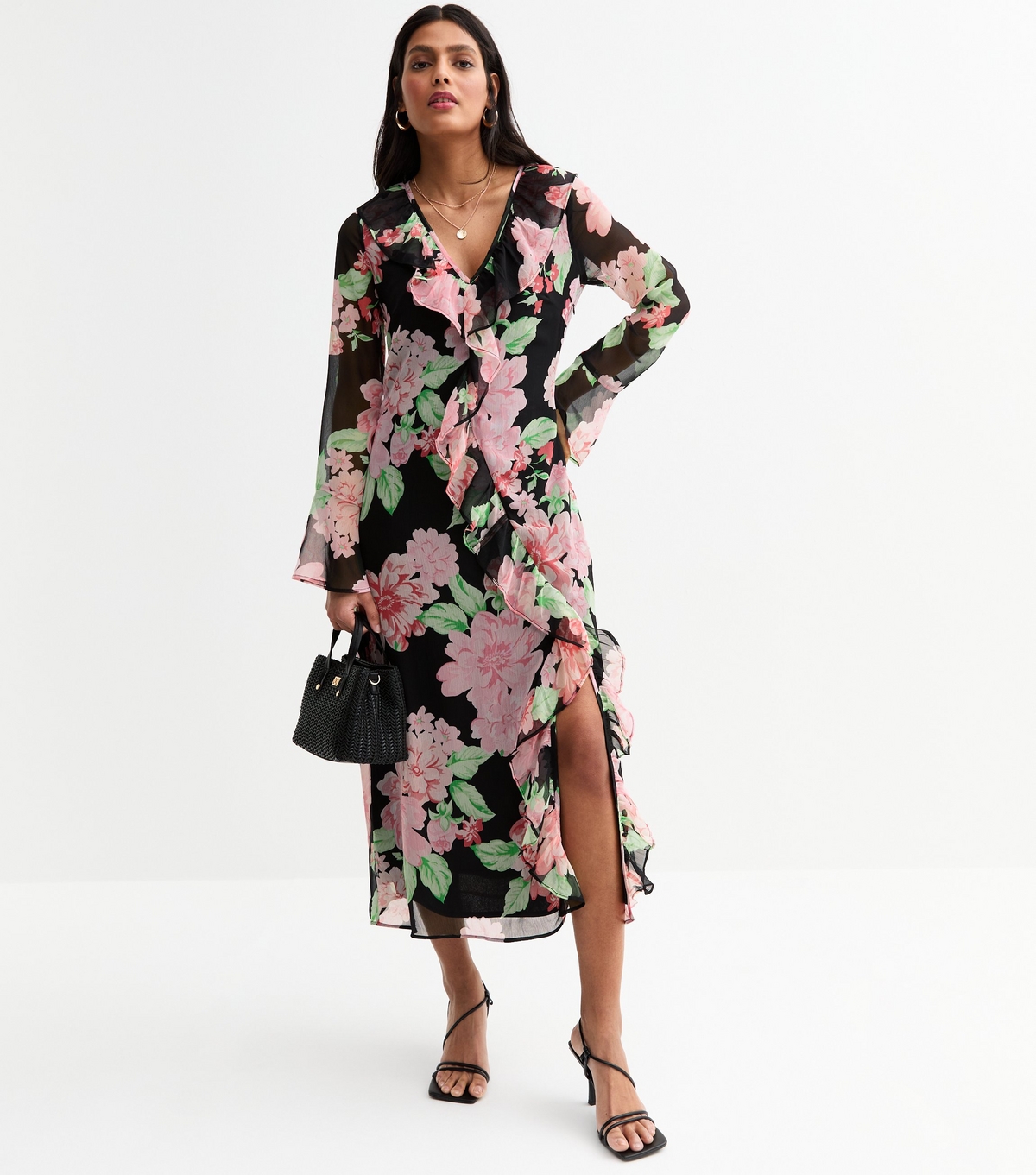 Women's Black Chiffon Floral Print Ruffled Midi Dress New Look