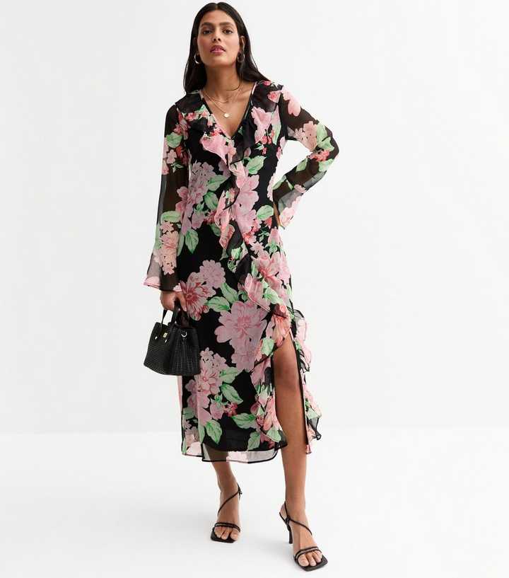 Black Chiffon Floral Print Ruffled Midi Dress