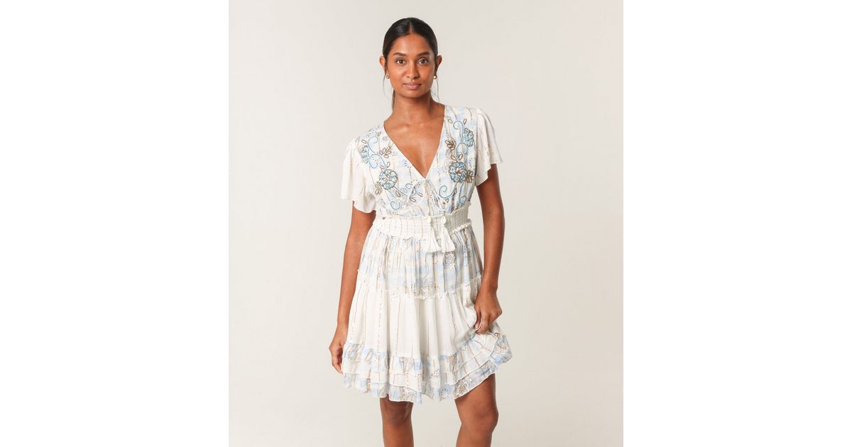 Biya White w Blue Embroidery V-Tie Neck Long Sleeve Knee-Length Dress