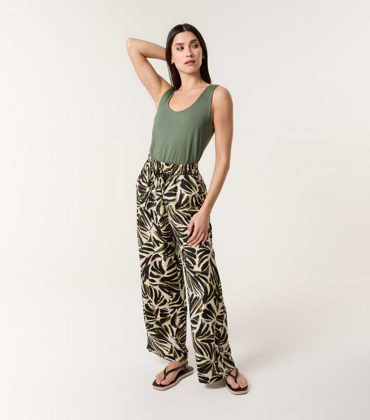 Blue Vanilla Khaki Palm Print Wide Leg Trousers