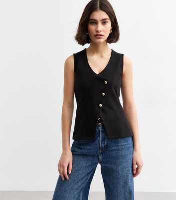 Black Soft Touch Asymmetric Button Up Vest