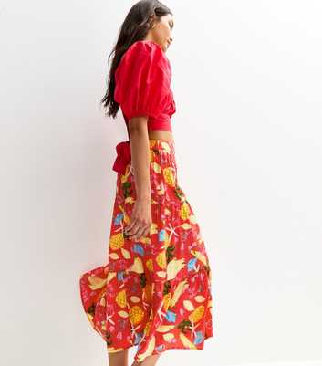 Red Tropical Print Lightweight Tiered Midi Skirt