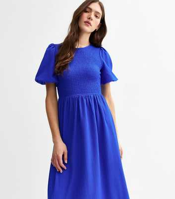 Blue Crinkled Shirred Bodice Midi Dress