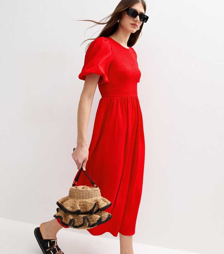 Bright Red Crinkled Shirred Bodice Midi Dress | New Look