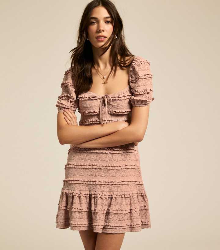 Pink Square Neck Frilly Lace Mini Dress