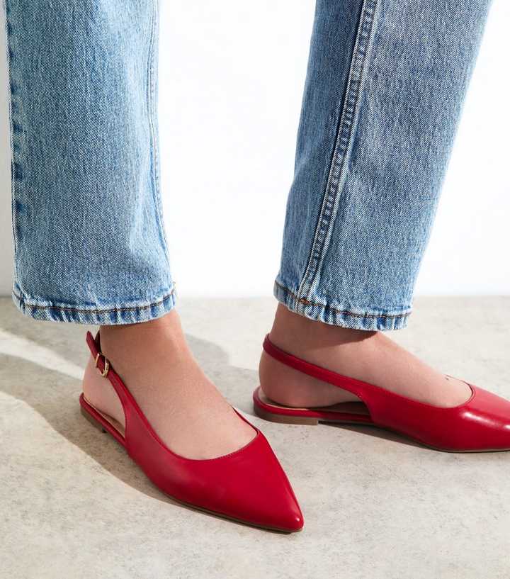 Bright Red Faux Leather Pointed Toe Slingback Ballet Flats