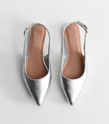 Silver Faux Leather Pointed Toe Slingback Ballet Flats