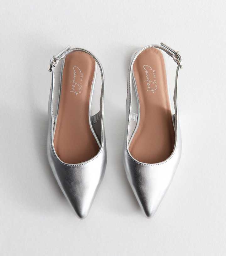 Silver Faux Leather Pointed Toe Slingback Ballet Flats