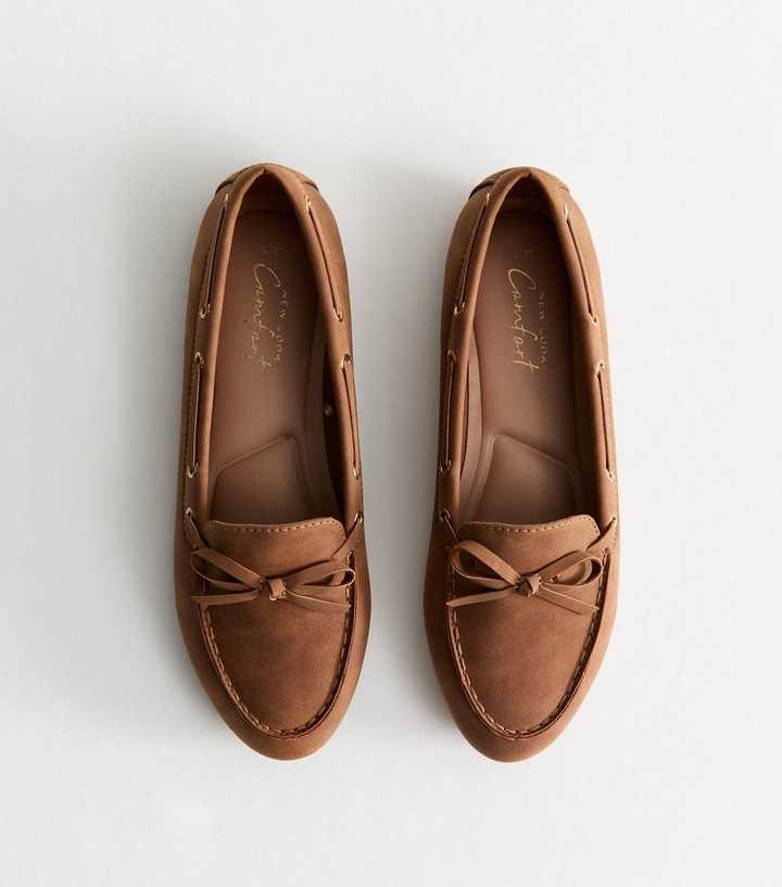 Tan Faux Leather Bow Front Boat Shoes
