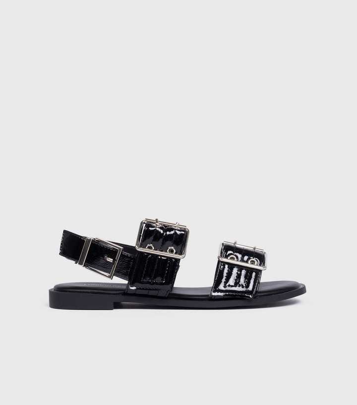 London Rebel Black Faux Patent Leather Buckled Sandals