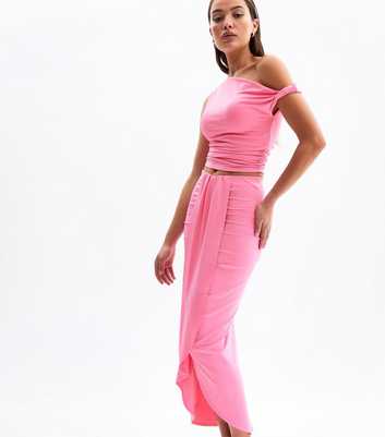 Bright Pink Frill Trim Slit Hem Midi Skirt