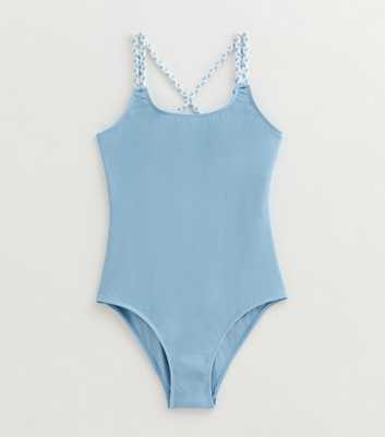 Girls Light Blue Crossover Strap Swimsuit