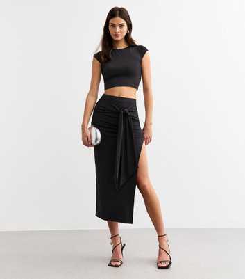 Black Tie Front Slit Jersey Midi Skirt