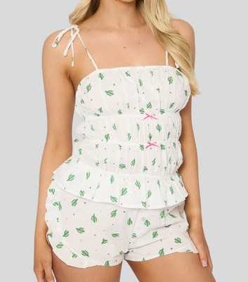 Loungeable White Cactus Print Ruffled Cami Top and Shorts Set