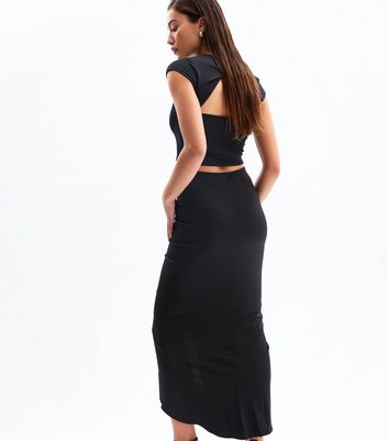 Black Ruched Wrap Midi Skirt New Look