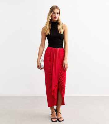 Red Ruched Wrap Midi Skirt