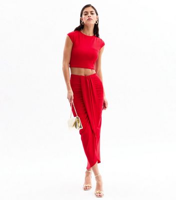 Red Ruched Wrap Midi Skirt New Look