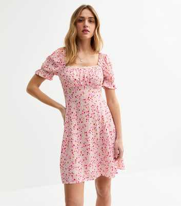 Pink Floral Print Lace Trim Mini Dress