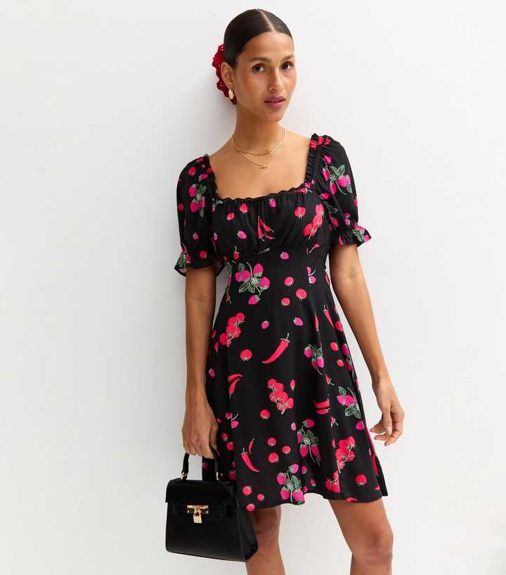 Black Berry Print Milkmaid Mini Dress