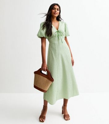 Green Gingham Check Tie Neck Midi Dress | New Look