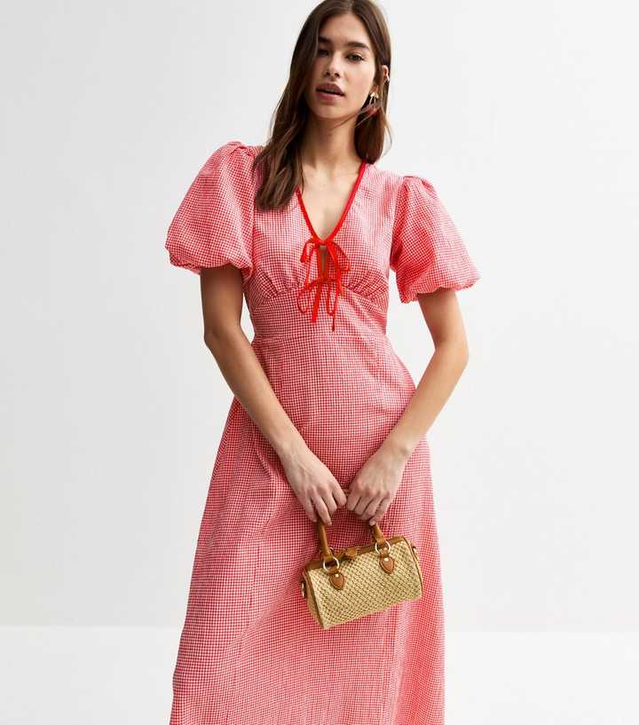 Red Gingham Check Tie Neck Midi Dress