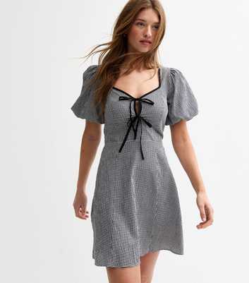 Black Gingham Tie Neck Mini Dress