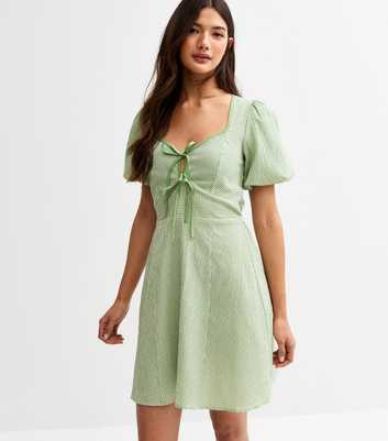 Green Gingham Tie Neck Mini Dress