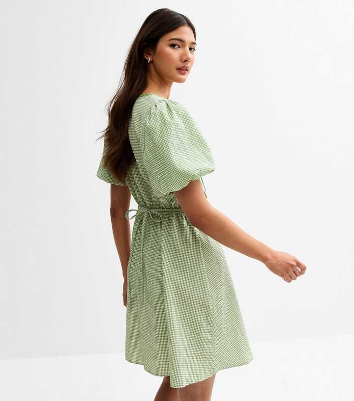 white green wedding dress Green Check Mini Dress Tie Gingham Puff Sleeve main image 0