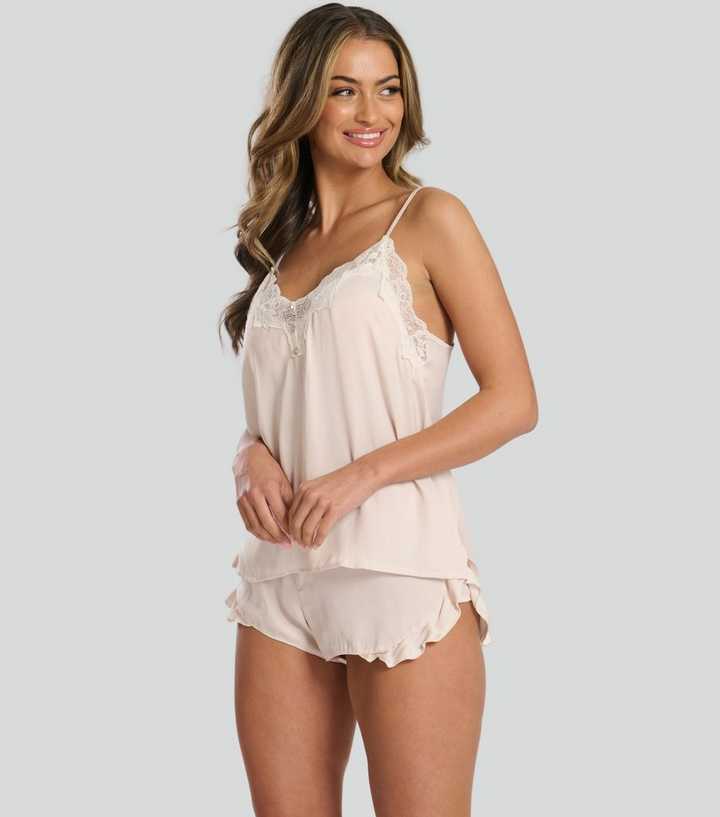 Loungeable Light Pink Lace Trimmed Cami Top and Shorts Set