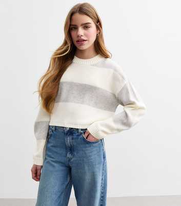 Girls Light Grey Cropped Stripe Knit Jumper