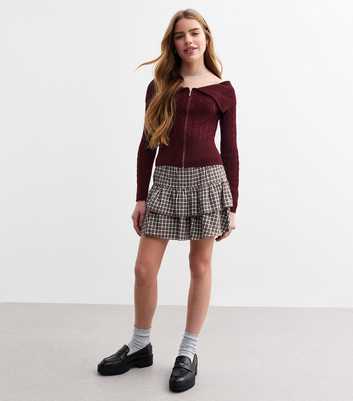 Girls Burgundy Cable Knit Zip Through Bardot Jumper